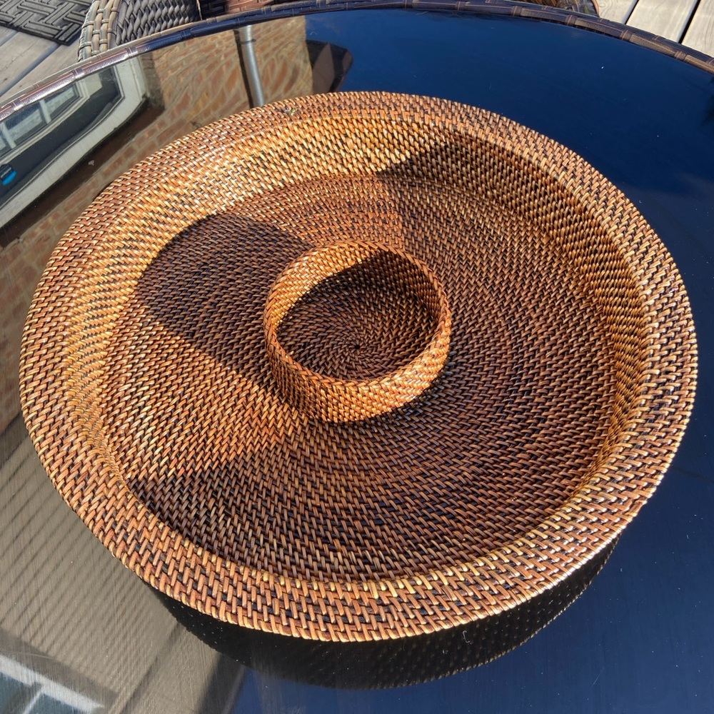 Calaisio Artisan Rattan Wicker Woven Nito & Ceramic Chip & Dip Server 16” Brown